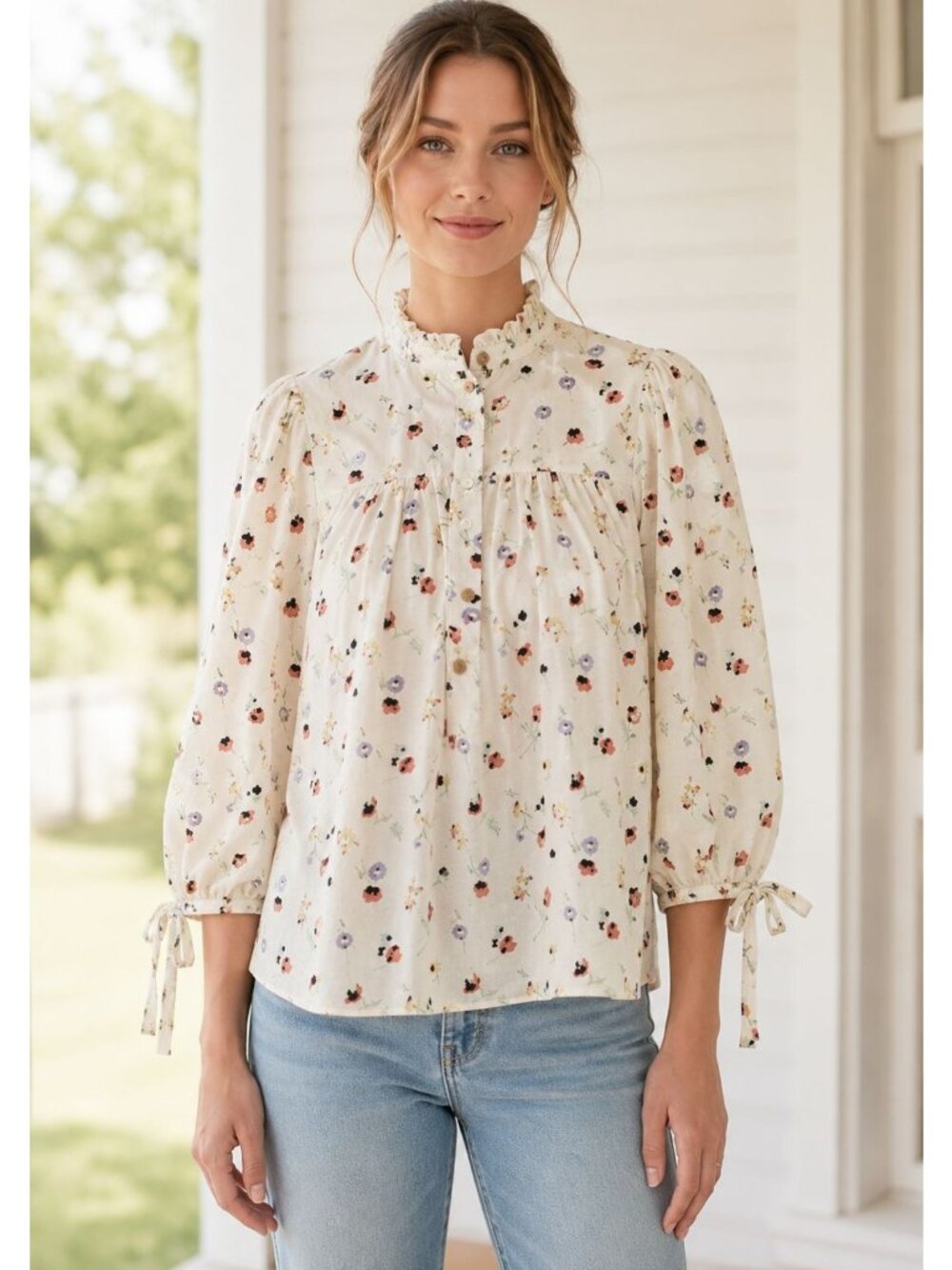 WARM Long Sleeve Ditsy Floral Mystic Blouse Cream Size 1 NWT
